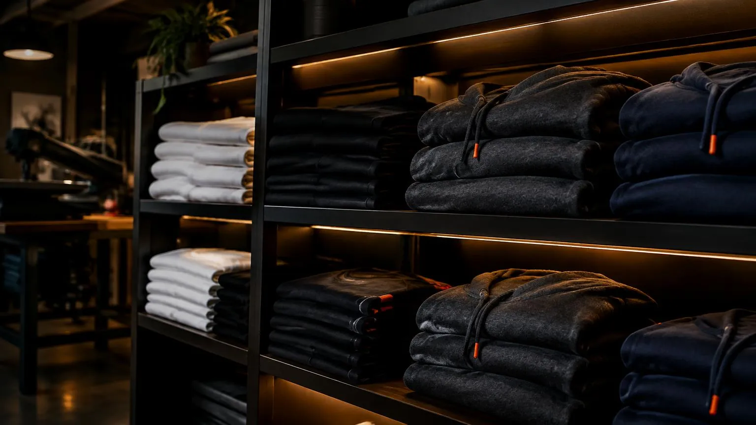 Folded team apparel stacked on shelves in the print shop