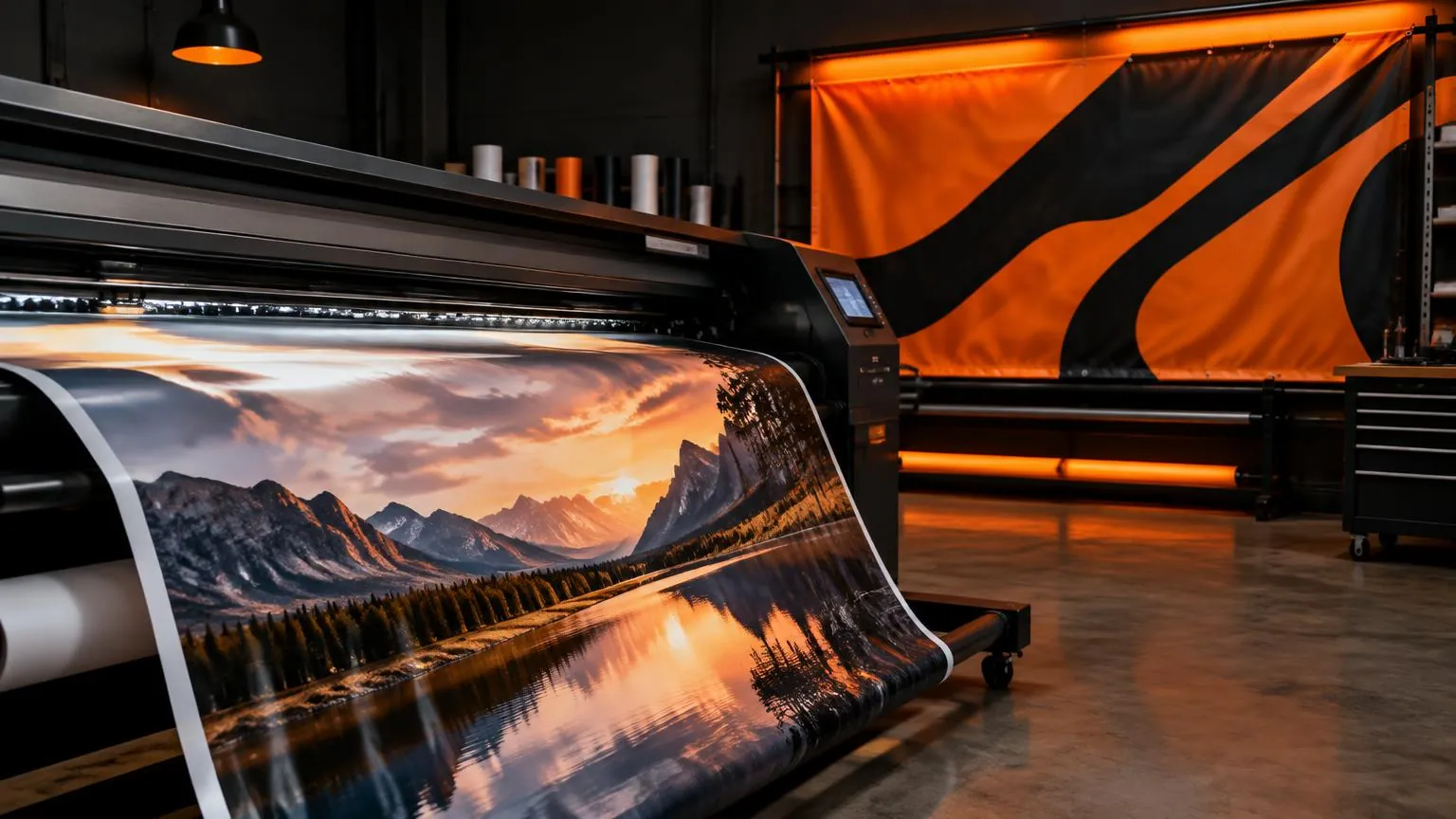 Wide-format printer producing a large vinyl banner in the print shop