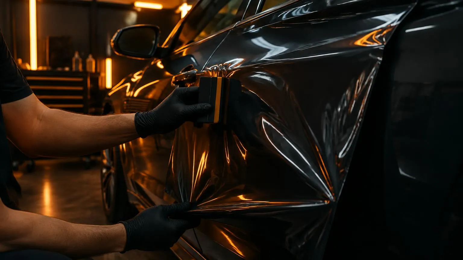 Installer applying dark vinyl wrap film to a car door with a squeegee