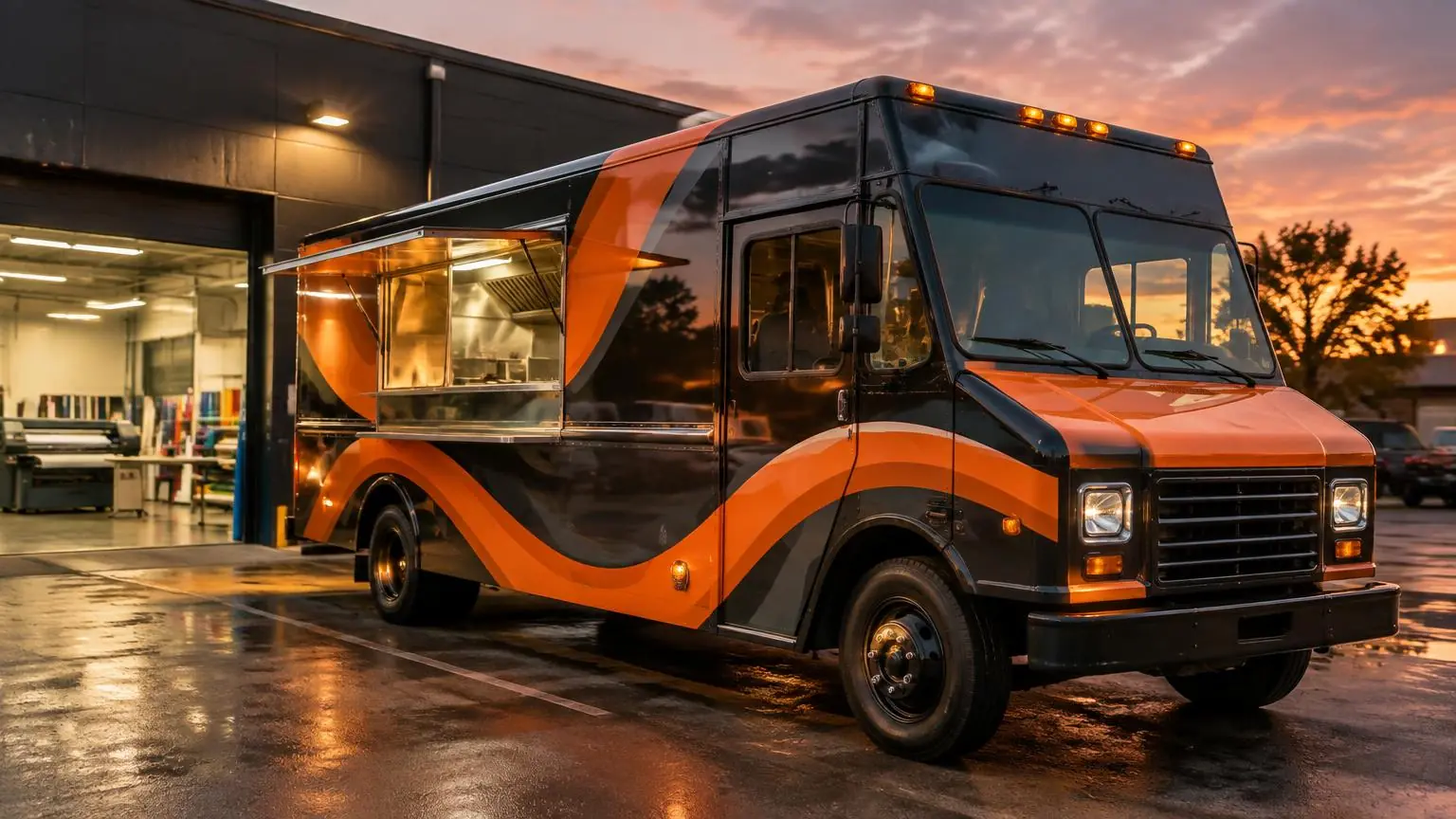 Food truck wrapped in a bold dark and orange vinyl design parked outside the print shop