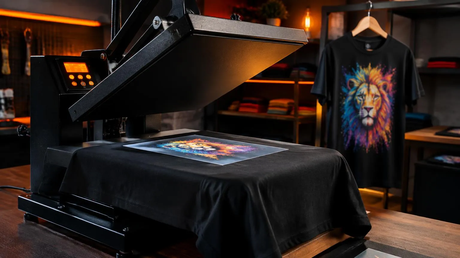 Heat press pressing a transfer onto a black t-shirt in the shop