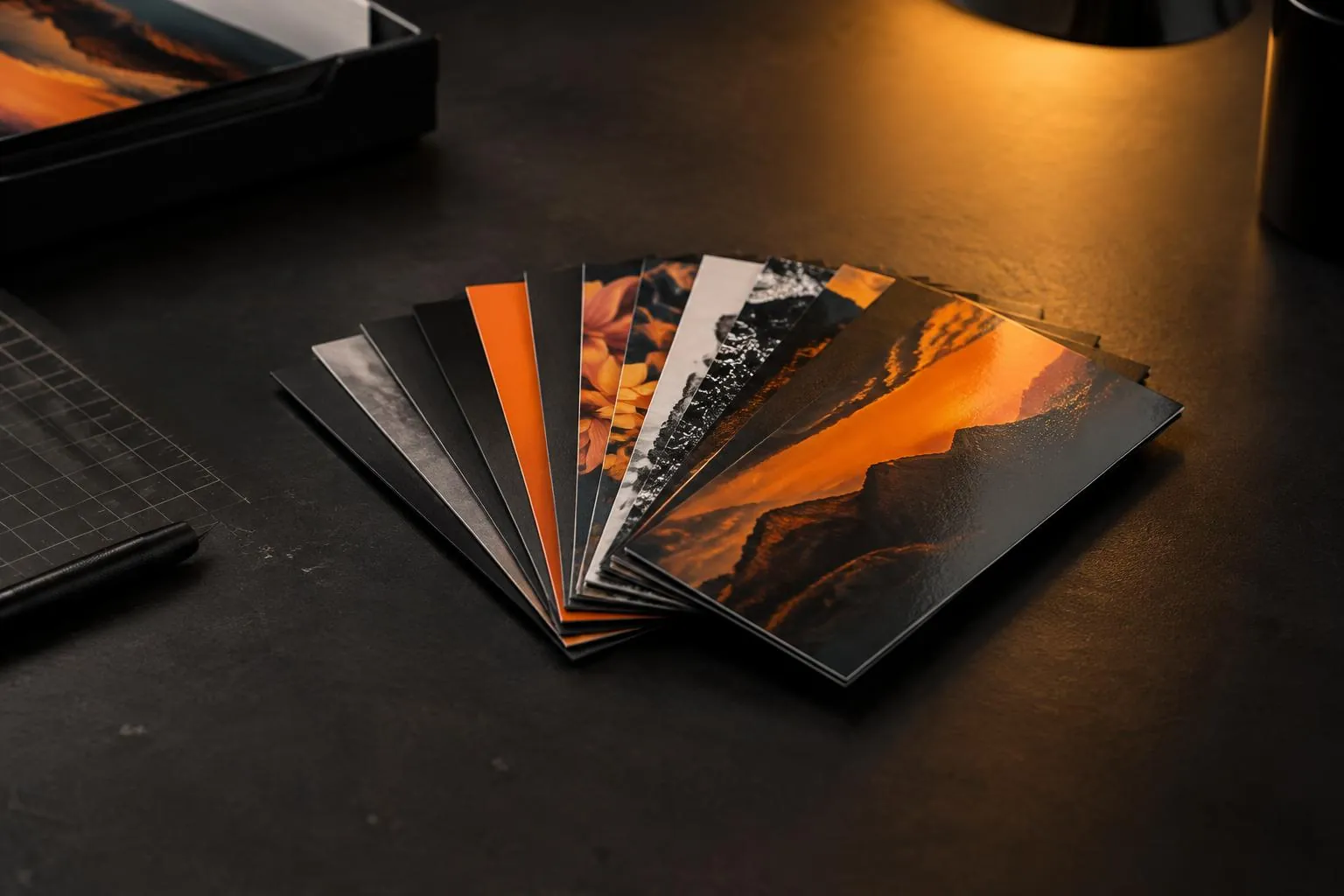 Premium full-color business cards arranged on a print shop worktable