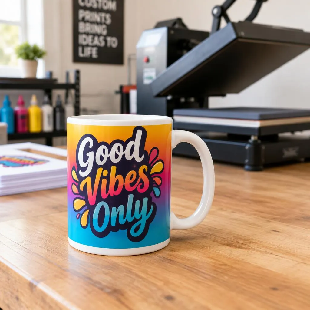 A white coffee mug with a vibrant full-color sublimation print on a workbench next to a heat press