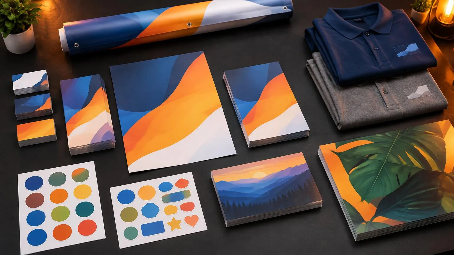 Printed samples from Arif Printing: shirts, signs and business cards laid out on the shop counter