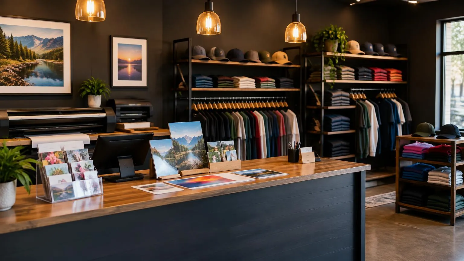 Inside the Arif Printing shop on Chambers Road: front counter with printed samples and apparel