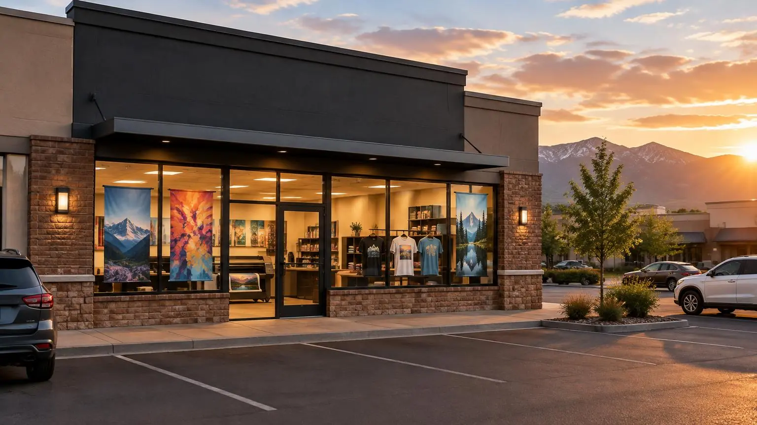 Exterior of the Arif Printing storefront in a Colorado commercial plaza at sunset